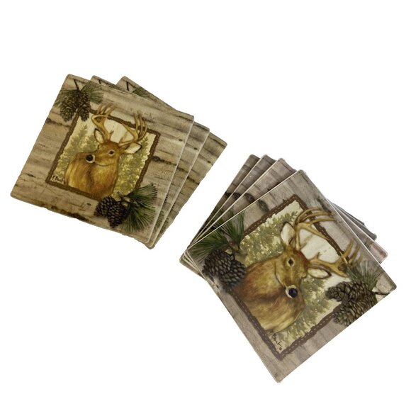 Buck Deer Antlers Coasters Set of 7 Ceramic Wildlife Hunting Lodge Cabin Cork - Picture 1 of 7
